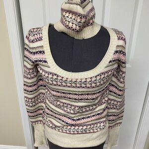 Patterned Cream and Pink Women's Sweater & Hat Set